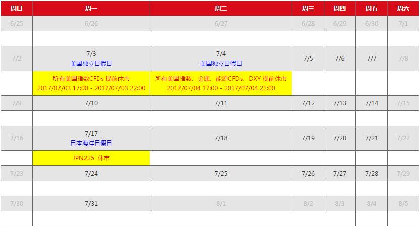 AETOS艾拓思市场假期时间表2017年7月